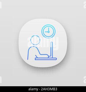 Working hours app icon. UI/UX user interface. Worker. Freelance job. Person working with laptop. Web or mobile application. Vector isolated illustrati Stock Vector
