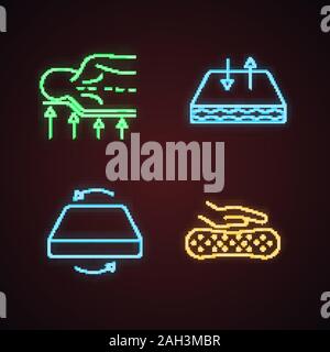 Mattress neon light icons set. Back support, latex material, dual season mattress, breathable cover. Glowing signs. Vector isolated illustrations Stock Vector