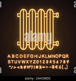 Radiator neon light icon. Heating battery. Heater. Glowing sign with alphabet, numbers and symbols. Vector isolated illustration Stock Vector
