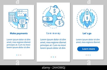 Business development onboarding mobile app page screen with linear concepts. Financial services. Make payment, earn money, startup launch. Steps instr Stock Vector