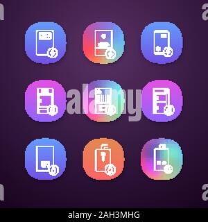 Heating app icons set. UI/UX user interface. Gas, electric, solid fuel, boilers and water heater. Commercial, industrial and domestic central heating Stock Vector