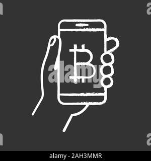 Bitcoin digital wallet chalk icon. Hand holding smartphone with bitcoin sign. Digital money transaction app. Isolated vector chalkboard illustration Stock Vector