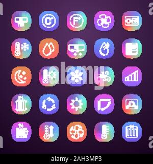 Air conditioning app icons set. Air heating, humidification, ionization, ventilation. Climate control. UI/UX user interface. Web or mobile application Stock Vector