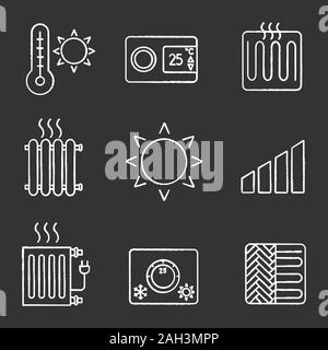 Air conditioning chalk icons set. Summer temperature, thermostat, heating element, radiator, heater, sun, power level, climate control, floor heating. Stock Vector