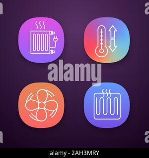 Air conditioning app icons set. UI/UX user interface. Electric radiator, climate control, exhaust fan, heating element. Web or mobile applications. Ve Stock Vector