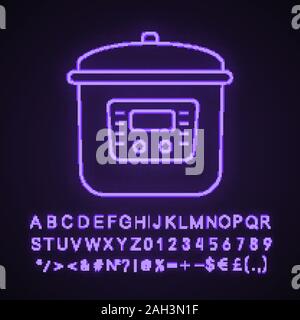 Multi cooker neon light icon. Slow cooker. Crock pot. Pressure multicooker. Kitchen appliance. Glowing sign with alphabet, numbers and symbols. Vector Stock Vector