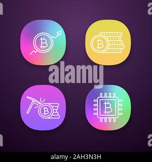 Bitcoin cryptocurrency app icons set. UI/UX user interface. Market growth chart, bitcoin coins stack, mining, microchip. Web or mobile applications. V Stock Vector