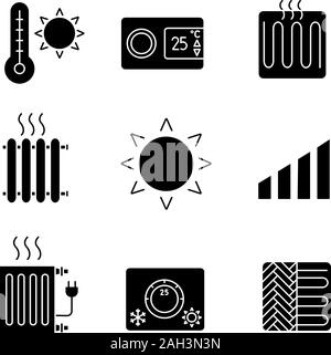 Air conditioning glyph icons set. Summer temperature, thermostat, heating element, radiator, heater, sun, power level, climate control, floor heating. Stock Vector