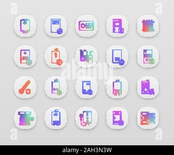 Heating app icons set. UI/UX interface. Boilers, radiators, thermostat. Gas, electric, solid fuel, pellet, solar boilers. Commercial, industrial? dome Stock Vector