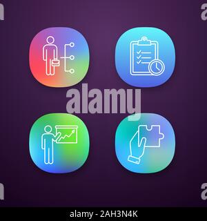 Business management app icons set. Employee skills, time management, presentation, finding solution. UI/UX user interface. Web or mobile applications. Stock Vector
