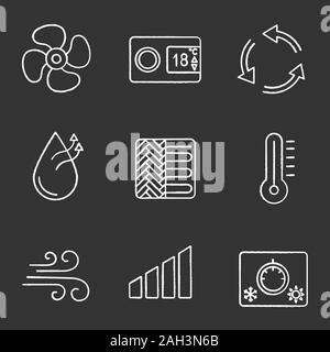 Air conditioning chalk icons set. Power level, thermostat, ventilation, humidification, floor heating, thermometer, airflow, climate control knob, exh Stock Vector