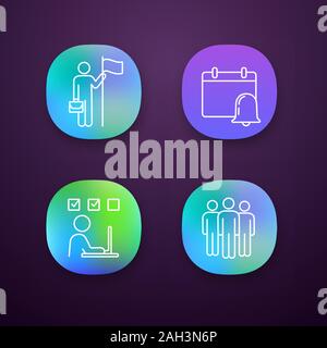 Business management app icons set. UI/UX user interface. Achievement, reminder, online test, team. Web or mobile applications. Vector isolated illustr Stock Vector