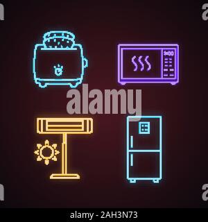 Household appliance neon light icons set. Slice toaster, microwave oven, infrared heater, fridge. Glowing signs. Vector isolated illustrations Stock Vector