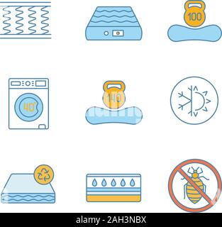 Mattress color icons set. Spring, air, machine washable, dual season, recyclable, water, antiallergic mattress with weight limit up to 100 and 140 kg. Stock Vector