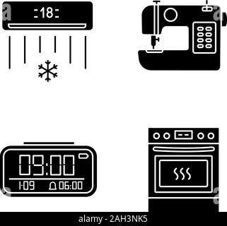 Household appliance glyph icons set. Air conditioner, sewing machine, digital clock, kitchen stove. Silhouette symbols. Vector isolated illustration Stock Vector