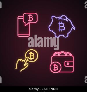 Bitcoin cryptocurrency neon light icons set.  Bitcoin chat, piggy bank, cryptocurrency payment click, digital wallet. Glowing signs. Vector isolated i Stock Vector