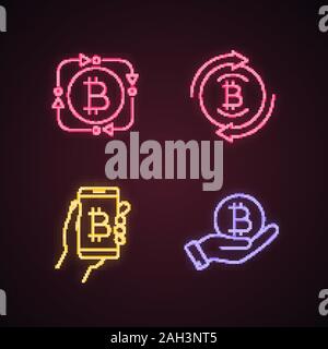 Bitcoin cryptocurrency neon light icons set. Fintech, bitcoin refund, digital wallet, coin in hand. Glowing signs. Vector isolated illustrations Stock Vector