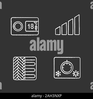 Air conditioning chalk icons set. Digital thermostat, power level, floor heating, climate control. Isolated vector chalkboard illustrations Stock Vector