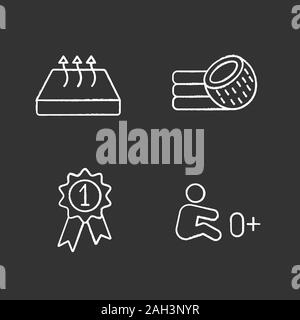 Orthopedic mattress chalk icons set. Breathable material, allowed for newborn, coconut fiber mattress, award medal. Isolated vector chalkboard illustr Stock Vector