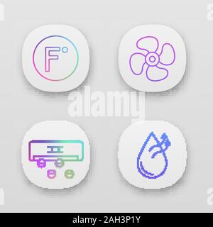 Air conditioning app icons set. Fahrenheit degrees, exhaust fan, ionizer, air humidification. UI/UX user interface. Web or mobile applications. Vector Stock Vector