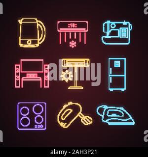 Household appliance neon light icons set. Kettle, air conditioner, sewing machine, home theater, infrared heater, fridge, cooktop, mixer, steam iron. Stock Vector