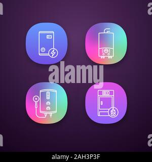 Heating app icons set. UI/UX user interface. Electric boiler, gas and electric tankless water heater, solid fuel boiler. Web or mobile applications. V Stock Vector