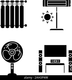 Household appliance glyph icons set. Radiators, infrared heater, stand floor fan, home theater system with TV. Silhouette symbols. Vector isolated ill Stock Vector
