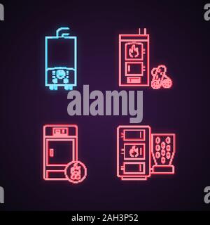 Heating neon light icons set. Gas water heater, solid fuel, firewood and pellet boilers. Glowing signs. Vector isolated illustrations Stock Vector