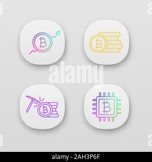Bitcoin cryptocurrency app icons set. UI/UX user interface. Market growth chart, bitcoin coins stack, mining, microchip. Web or mobile applications. V Stock Vector