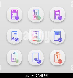 Heating app icons set. Gas, electric, solid fuel, boilers and water heater. Commercial, industrial and domestic central heating systems. UI/UX user in Stock Vector