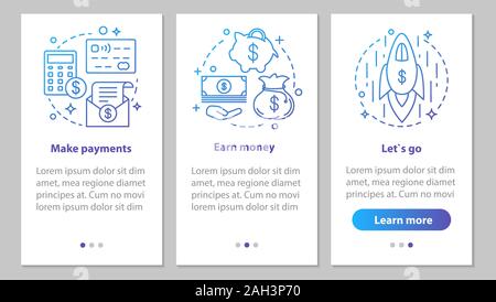 Business development onboarding mobile app page screen with linear concepts. Financial services. Make payment, earn money, startup launch. Steps instr Stock Vector
