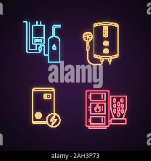 Heating neon light icons set. Boiler room, tankless water electric heater, pellet boiler. Glowing signs. Vector isolated illustrations Stock Vector