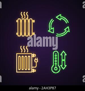 Air conditioning neon light icons set. Radiators, ventilation, climate control. Glowing signs. Vector isolated illustrations Stock Vector