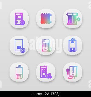 Heating app icons set. Boilers, radiators, water heaters. Gas, electric, solid fuel, pellet boilers. Commercial, industrial, domestic central heating Stock Vector