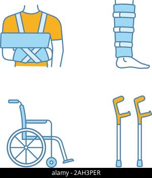 Trauma treatment color icons set. Shoulder immobilizer, shin brace, wheelchair, elbow crutches. Isolated vector illustrations Stock Vector