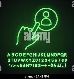 Hiring staff button neon light icon. Searching personnel click. Recruitment service. Hand pressing button. Glowing sign with alphabet, numbers and sym Stock Vector