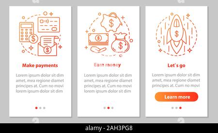 Business development onboarding mobile app page screen with linear concepts. Financial services. Make payment, earn money, startup launch. Steps instr Stock Vector