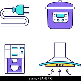 Household appliance color icons set. Electric plug, multicooker, coffee machine, range hood. Isolated vector illustrations Stock Vector