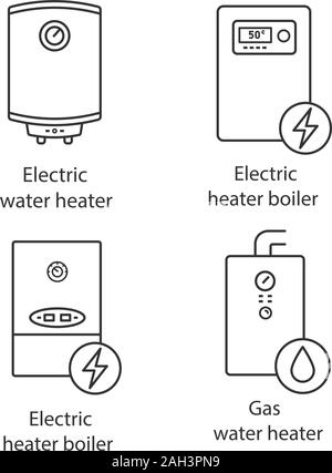 Heating linear icons set. Central heating system. Electric and gas water heater and heating boilers. Thin line contour symbols. Isolated vector outlin Stock Vector