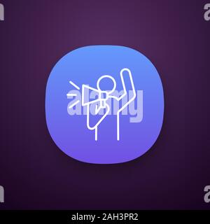 Protester app icon. Protest individual action. Breaking news. Protest speech. Man shouting slogans. Person holding megaphone. UI/UX interface. Web or Stock Vector
