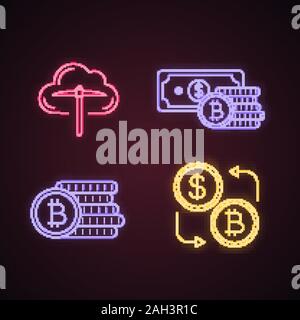 Bitcoin cryptocurrency neon light icons set. Cloud mining, savings, blockchain, bitcoin and dollar exchange. Glowing signs. Vector isolated illustrati Stock Vector