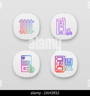 Heating app icons set. UI/UX user interface. Radiator, firewood and pellet boiler, solid fuel heater. Web or mobile applications. Vector isolated illu Stock Vector