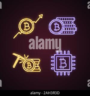 Bitcoin cryptocurrency neon light icons set. Market growth chart, bitcoin coins stack, mining, microchip. Glowing signs. Vector isolated illustrations Stock Vector