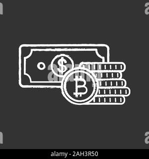 Bitcoin coins stack and dollar banknote chalk icon. Cryptocurrency investment. Savings. Digital money deposit. Isolated vector chalkboard illustration Stock Vector