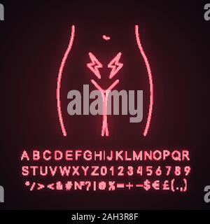 Menstrual cramps and pain neon light icon. Lower abdominal acute pain in women. Infertility. Uterus and ovary disorders. Glowing sign with alphabet, n Stock Vector