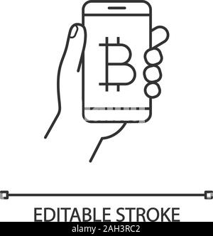 Bitcoin digital wallet linear icon. E-payment. Cryptocurrency. Hand holding smartphone with bitcoin. Digital money transaction app. Contour symbol. Ve Stock Vector