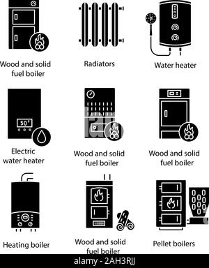 Heating glyph icons set. Boilers, radiators, water heaters. Gas, electric, solid fuel, pellet, boilers. Commercial, industrial and domestic central he Stock Vector