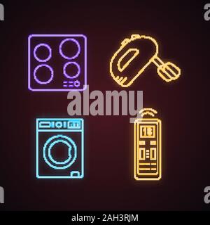 Household appliance neon light icons set. Electric induction hob, handheld mixer, washing machine, air conditioner remote control. Glowing signs. Vect Stock Vector