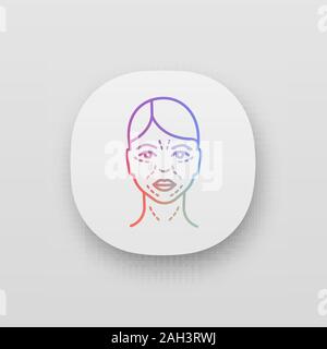 Mimic wrinkles app icon. UI/UX user interface. Facial skin after thirty. Face ageing. Facial markup for cosmetic procedure. Web or mobile application. Stock Vector