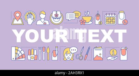 Nail salon word concepts banner. Manicure, pedicure services. Nail polish, instruments. Manicurist. Isolated lettering typography idea with linear ico Stock Vector